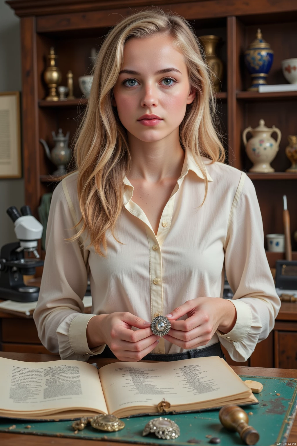Realistic high quality photo. A 30‑year‑old female curator with long curly blonde hair, blue eyes, pale skin, wearing a fitted cream blouse and knee‑length pleated skirt, carefully examining a 17th‑century silver brooch on a restoration bench under a microscope in a museum workshop surrounded by antique tools and detailed documents.