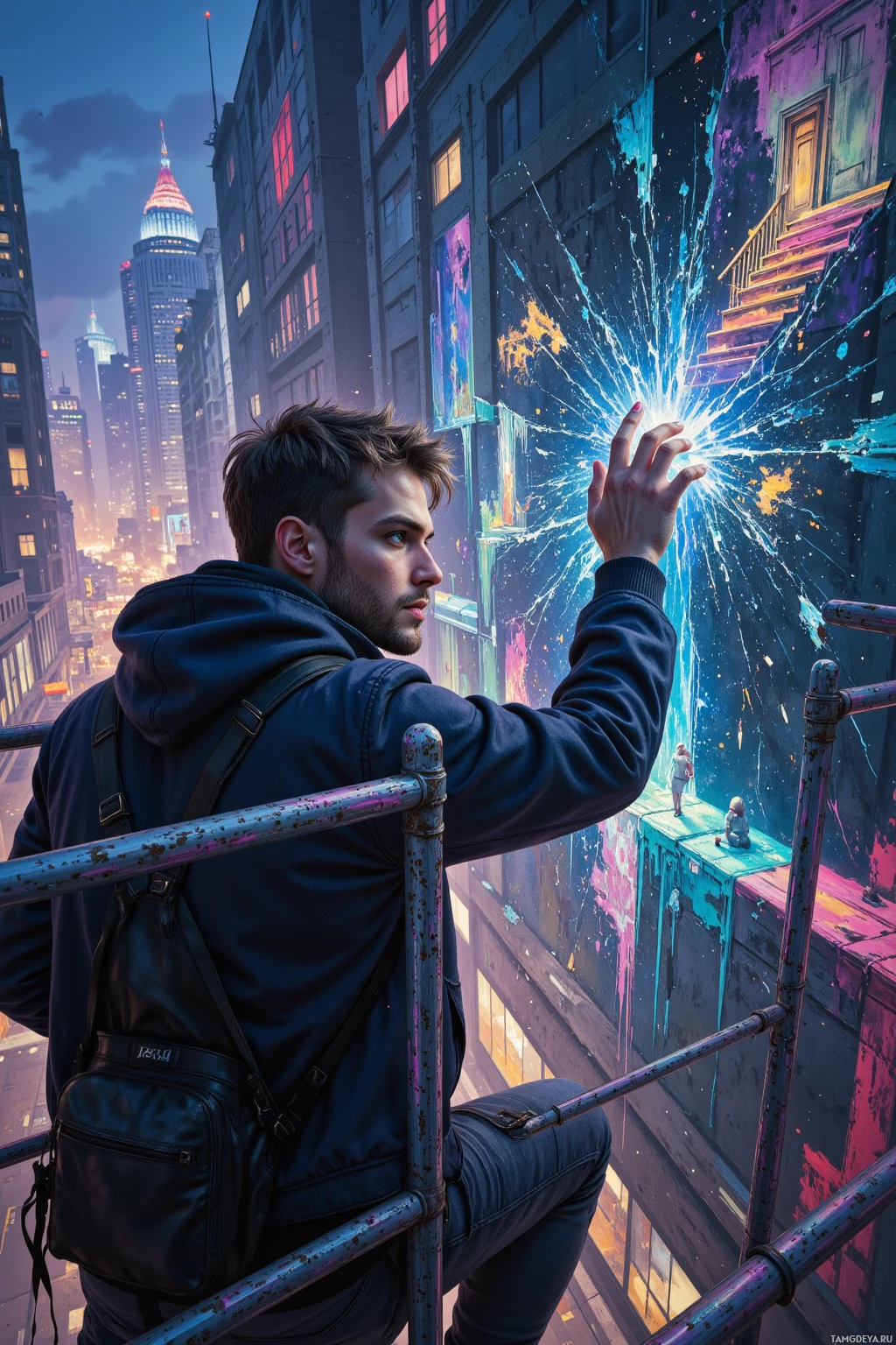 Realistic high quality photo. 34‑year‑old man with short light brown hair, blue eyes, fair skin, layered urban streetwear with asymmetric cuts and luminescent stripes, climbing metal scaffolding at night, eyes fixed on a cityscape seen through shards of broken glass, a 70% finished mural with pixelated brushstrokes and half‑sketched staircases covering a building façade, cracked rooftop panels, chaotic paint layers and digital glitch overlays, he gestures mid‑performance, modern realism.