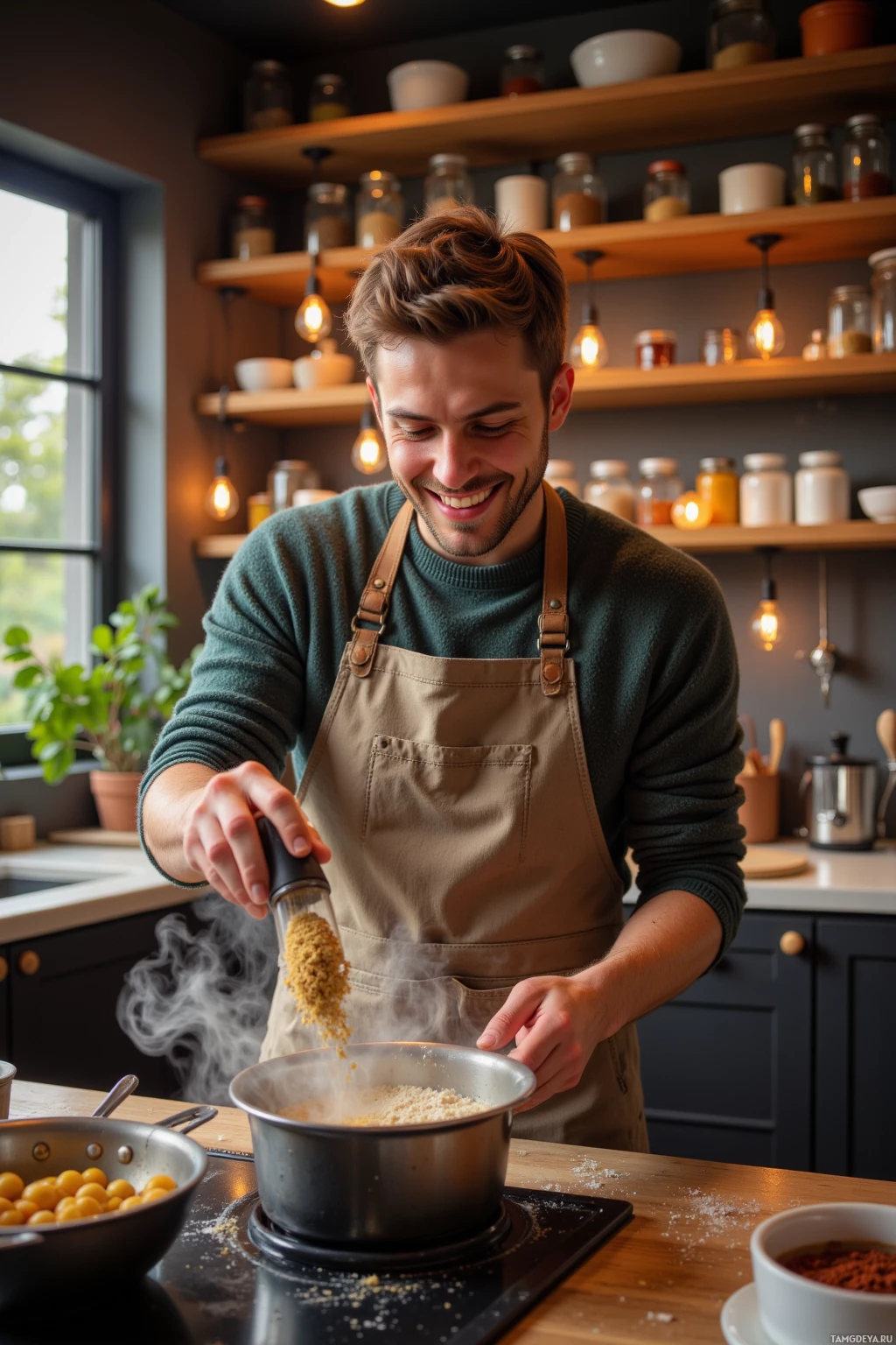Realistic high quality photo. A cheerful 31‑year‑old man with short light brown hair and warm eyes, wearing a comfy sweater and flour‑stained apron, laughing as he tosses cumin and cardamom into a bubbling pot in a warmly lit modern kitchen with flickering lights, pantry shelves stocked with spices, steam swirling around him.