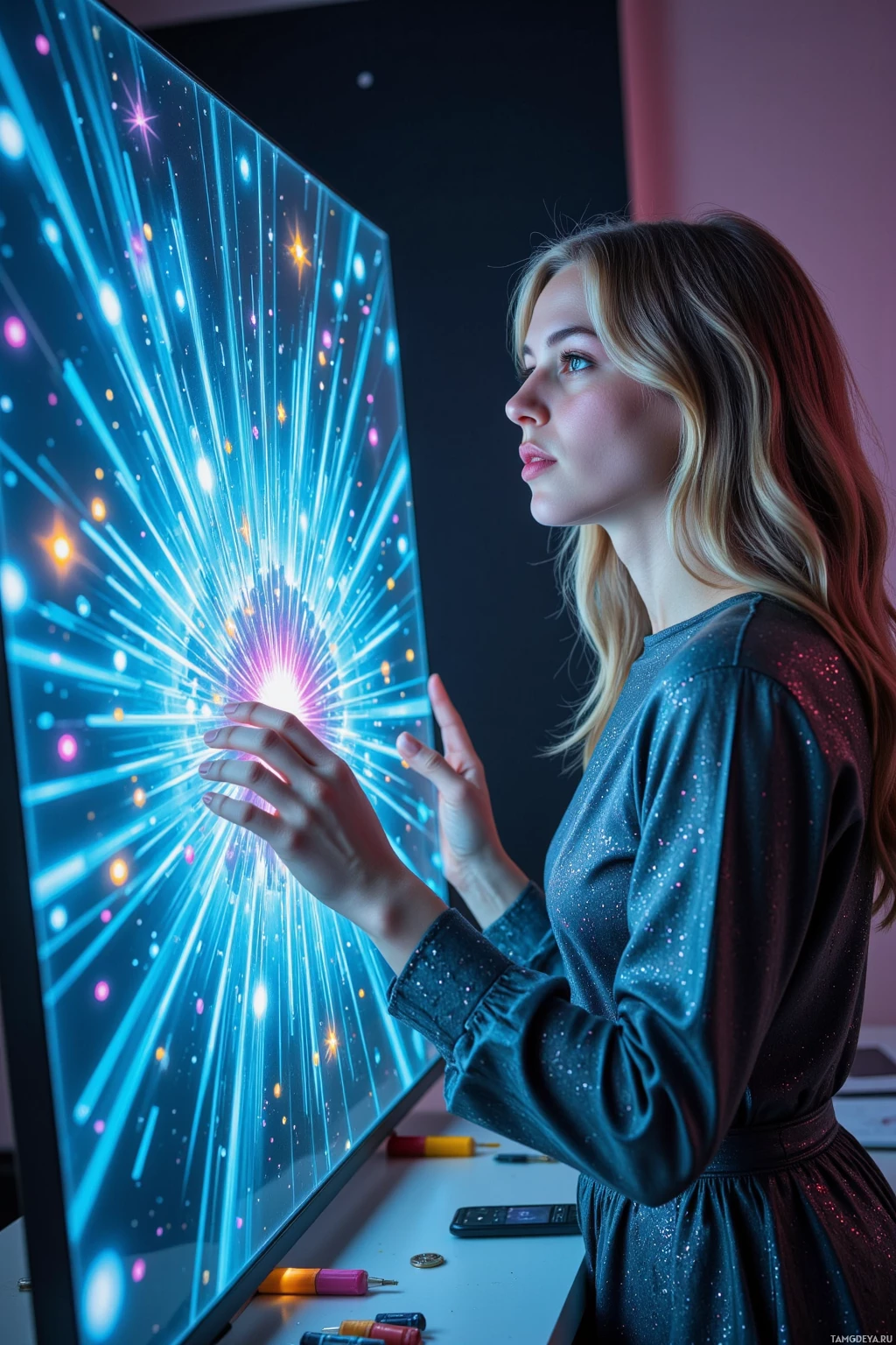 Realistic high quality photo. A 26‑year‑old woman with flowing wavy liquid mercury hair, porcelain skin and gentle green eyes, wearing a shimmering iridescent dress, stands beside a holographic synth‑canvas in a sleek high‑tech studio, humming and tracing glitchy sketch lines while starlight streams through the window at night, her breathing rhythmically in sync with the glow.