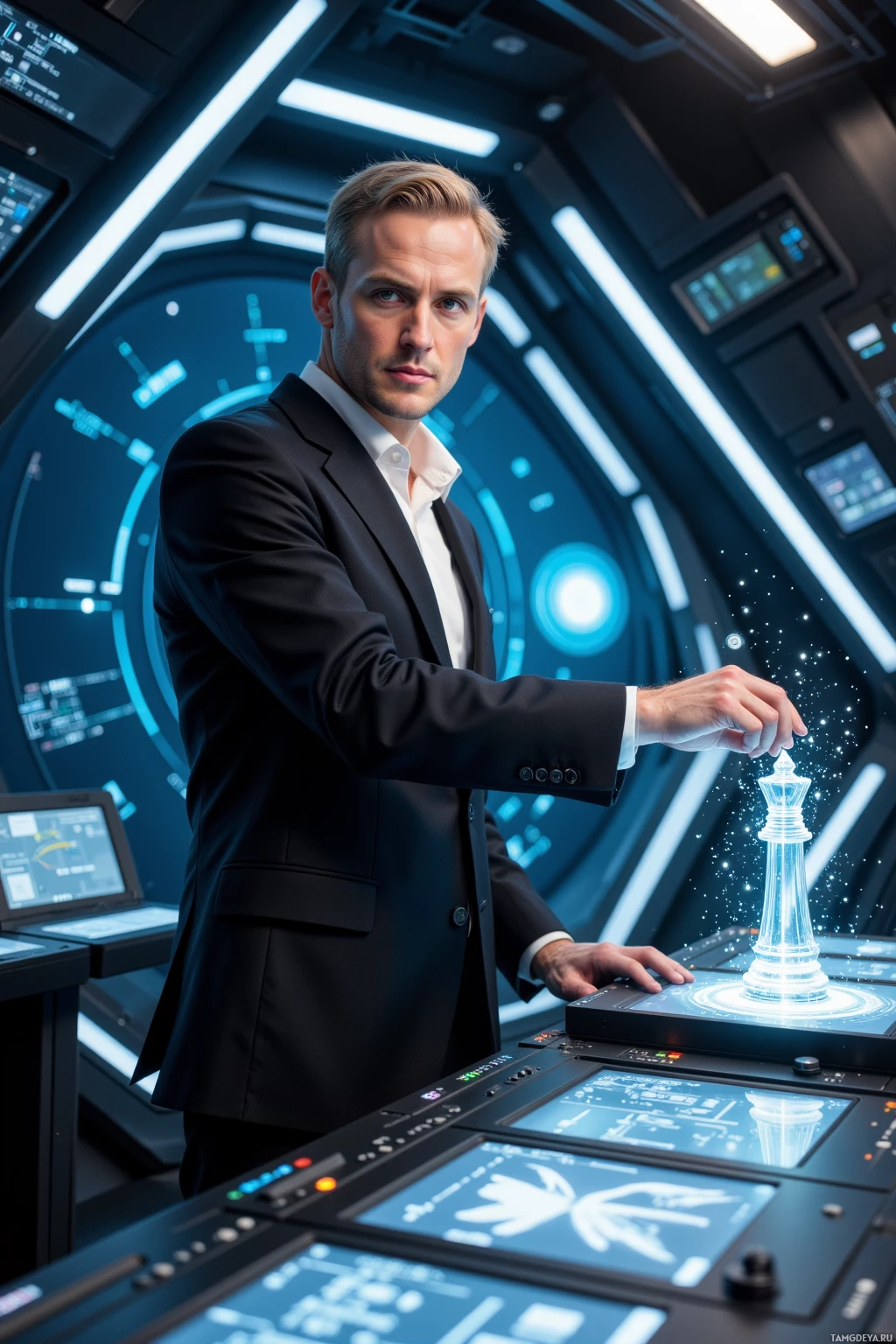 Realistic high quality photo. A tall, lean 45‑year‑old man with short blonde hair, piercing blue eyes, wearing a black suit and white shirt, wings tucked under his jacket, stands in a high‑tech orbital control room, adjusting holographic displays that show precise orbital paths while a subtle glitch glows on a holographic chess piece, day time, sci‑fi atmosphere.