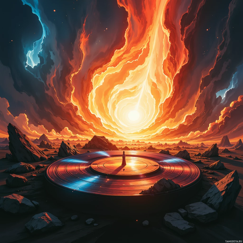 Человек стоит на светящейся круглой платформе в огненном, космическом пейзаже.
