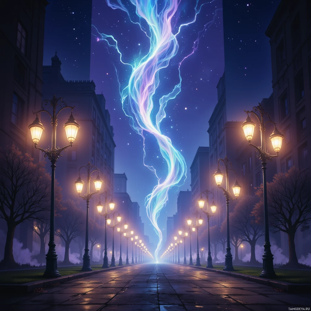 Semi-abstract image with many empty light space at center of beautiful background, that is suitable for the post:  Each streetlight flickers in perfect time, a city’s heartbeat awaiting my baton.