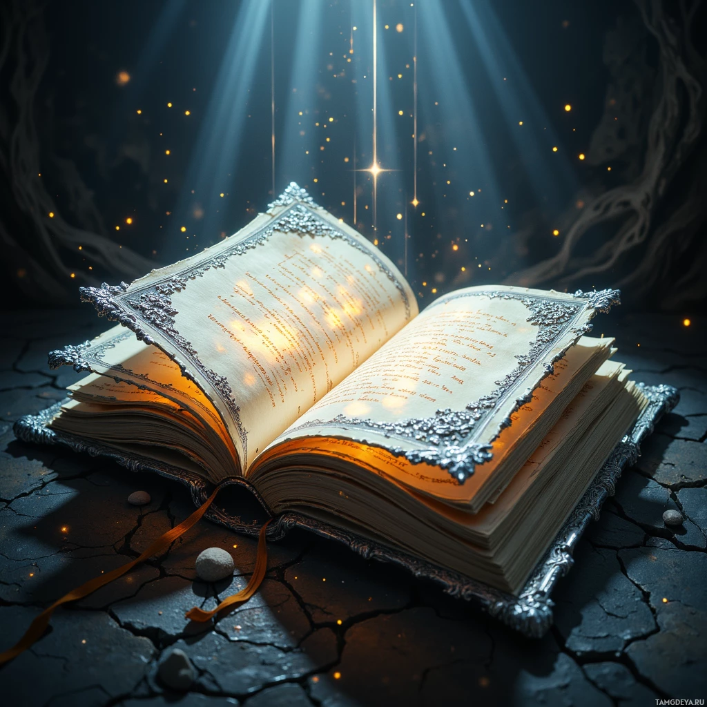 Открытая, богато украшенная книга со светящимися страницами лежит на потрескавшейся земле, освещенная лучами света.