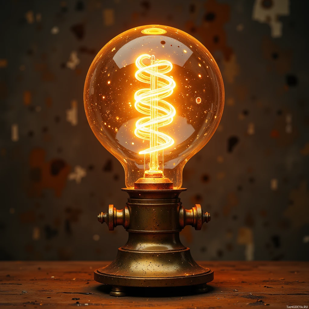 Спиральная лампочка с мягким свечением установлена на латунном основании и излучает тёплый свет на фактурную деревянную поверхность.