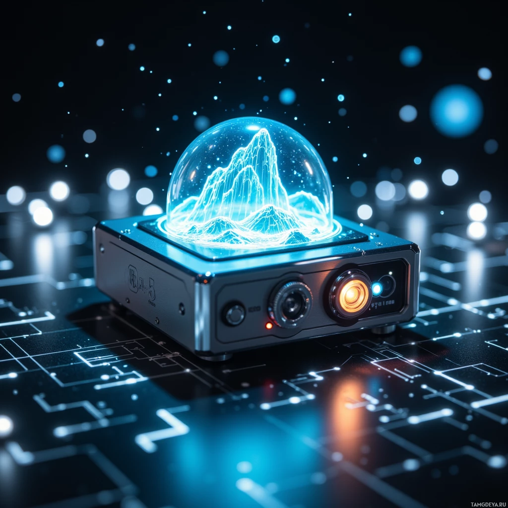 Semi-abstract image with many light, that is suitable for the post:  handheld LiDAR‑spectrometer in a tiny matte titanium case with a translucent glass dome, projecting a glowing holographic 3‑D terrain map, featuring laser triangulation sensors, a hyperspectral sensor array, sleek chrome accents and a futuristic minimalistic design.