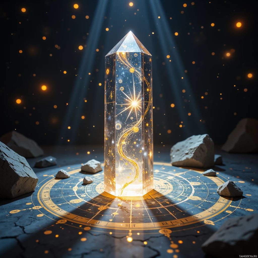 Semi-abstract image with many light, that is suitable for the post:  slender crystal prism, translucent quartz with spiraled rune etchings that shift color when angled, faint pulsing numerology, projecting a miniature star chart onto nearby surfaces.