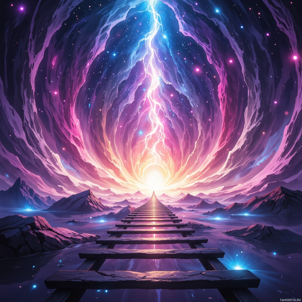 Сюрреалистичный пейзаж с сияющей лестницей, уходящей к яркому небу, полному вихревых облаков и звёзд.