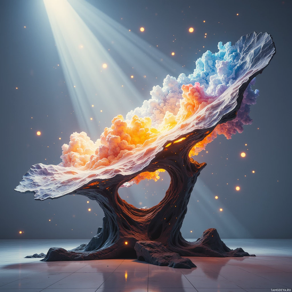 Сюрреалистичный, неземной пейзаж с сиянием, напоминающим облачную структуру, из которой исходят лучи света и парят частицы.