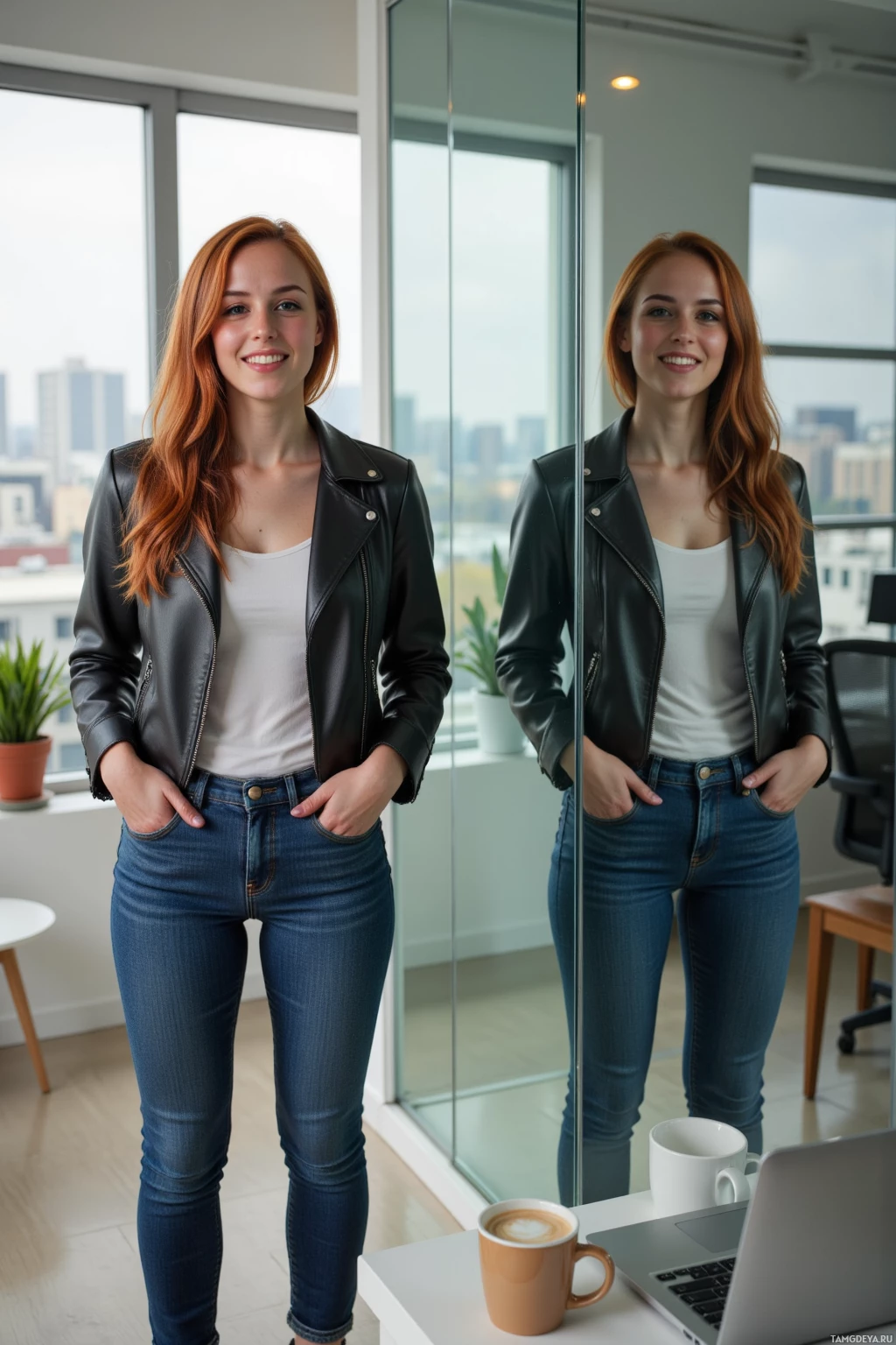 В современном офисе стоит женщина в кожаной куртке и джинсах, рядом на столе – чашка кофе и ноутбук.
