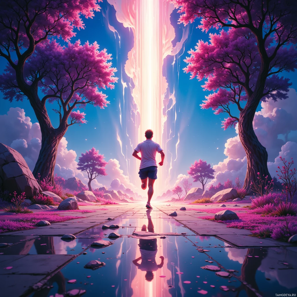 Человек бежит навстречу сияющему свету в сюрреалистичном пейзаже с розовыми деревьями и отражающимися лужами.