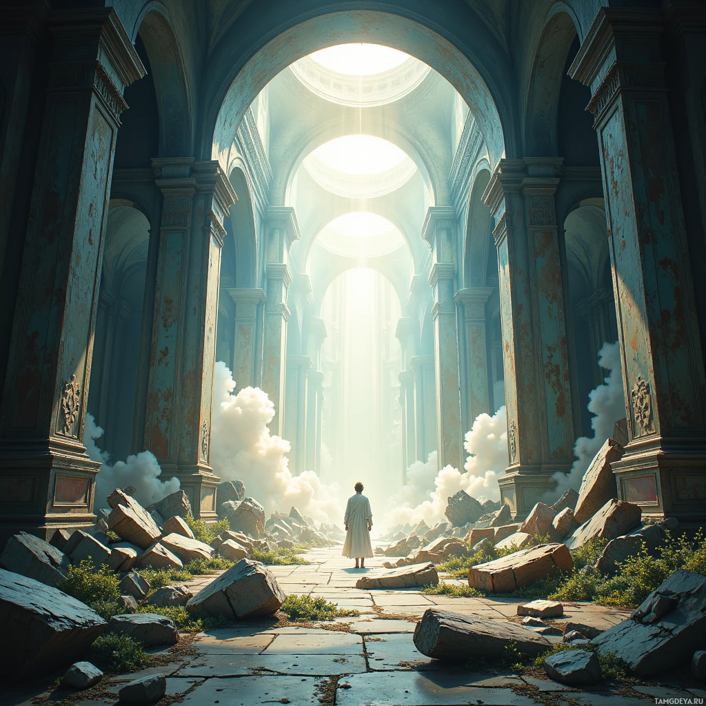 Одинокая фигура стоит у входа в величественный, полуразрушенный храм, залитый светом, льющимся сквозь арки.