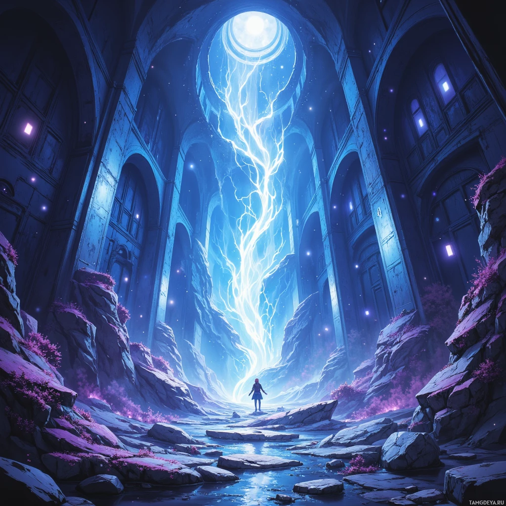 Перед величественным, древним зданием стоит человек, над которым льется сияющий, неземной свет.