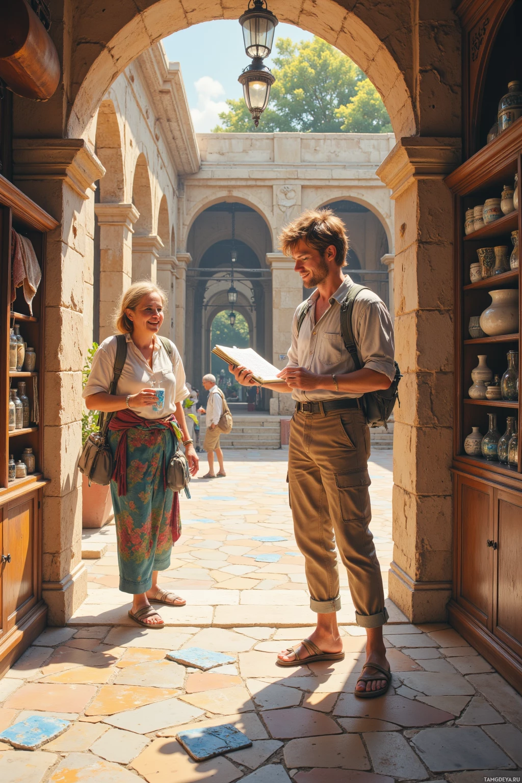 Realistic high quality photo. A 24‑year‑old man with messy light brown hair, bright green eyes, pale skin, wearing a loose linen shirt, rolled‑up khaki pants, and canvas sandals, sketching a cracked mosaic courtyard that echoes a temple floor, laughing with a local shopkeeper who holds a hand‑stitched bookmark, midday sunlight filtering through empty arches.