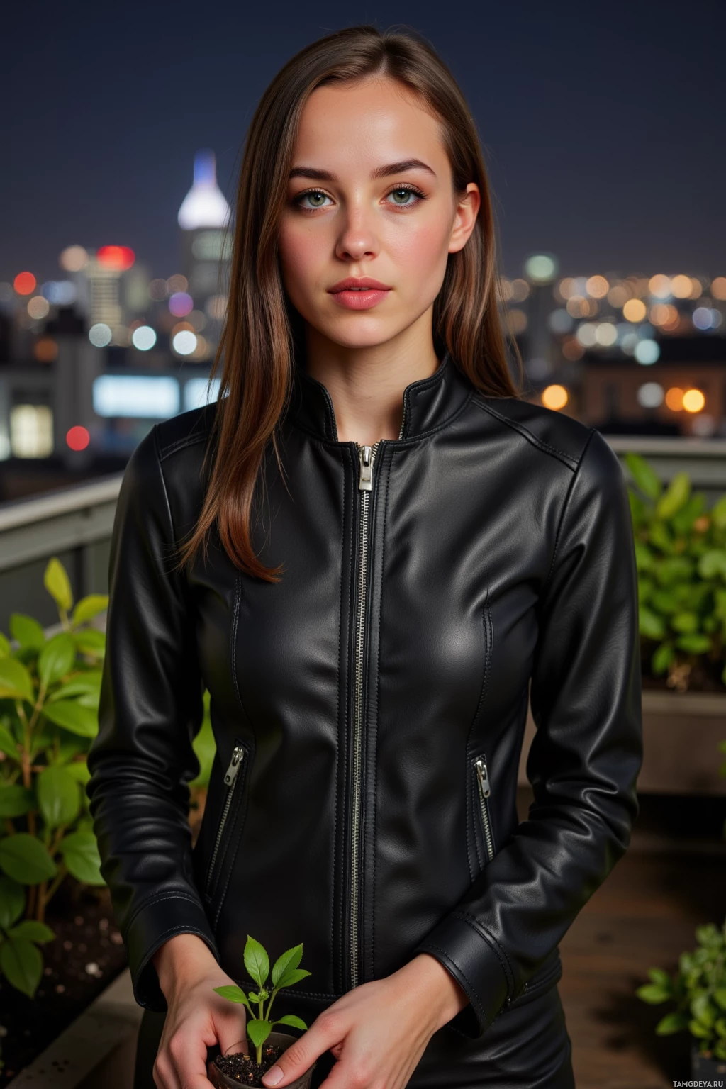 Человек в черной кожаной куртке стоит на крыше ночью, держа в руках небольшое растение.
