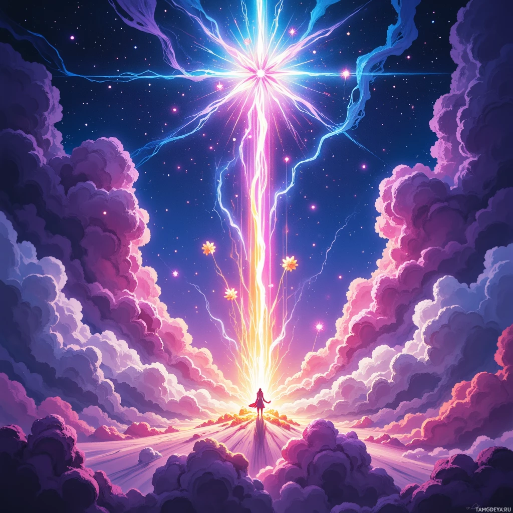Яркая, неземная сцена, где сияющий луч света нисходит с неба, окружённый кружащимися облаками и звёздами.