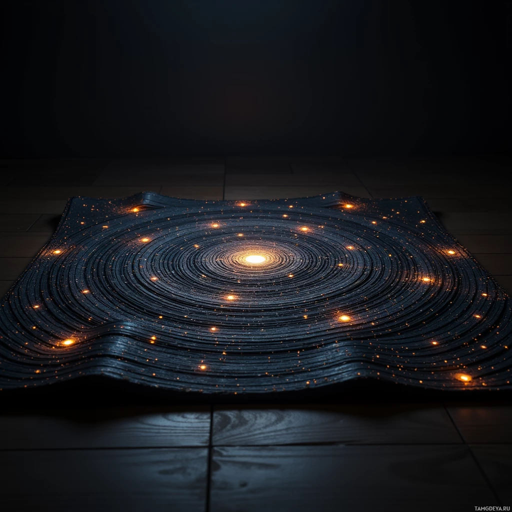 Semi-abstract image with many light, that is suitable for the post:  Matte-black bamboo‑rug style meditation mat with subtle old wood grain, woven bamboo texture, embedded micro‑sensors and tiny LED lights pulsing in sync with breathing.