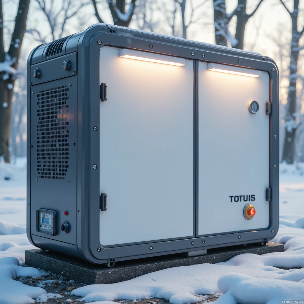 Semi-abstract image with many light, that is suitable for the post:  Compact solar‑powered thermal generator with matte titanium gray frame, white frost‑resistant panels, integrated heat pump, polymer insulation interior, small frost detector sensor, sleek rugged design and silver accents.