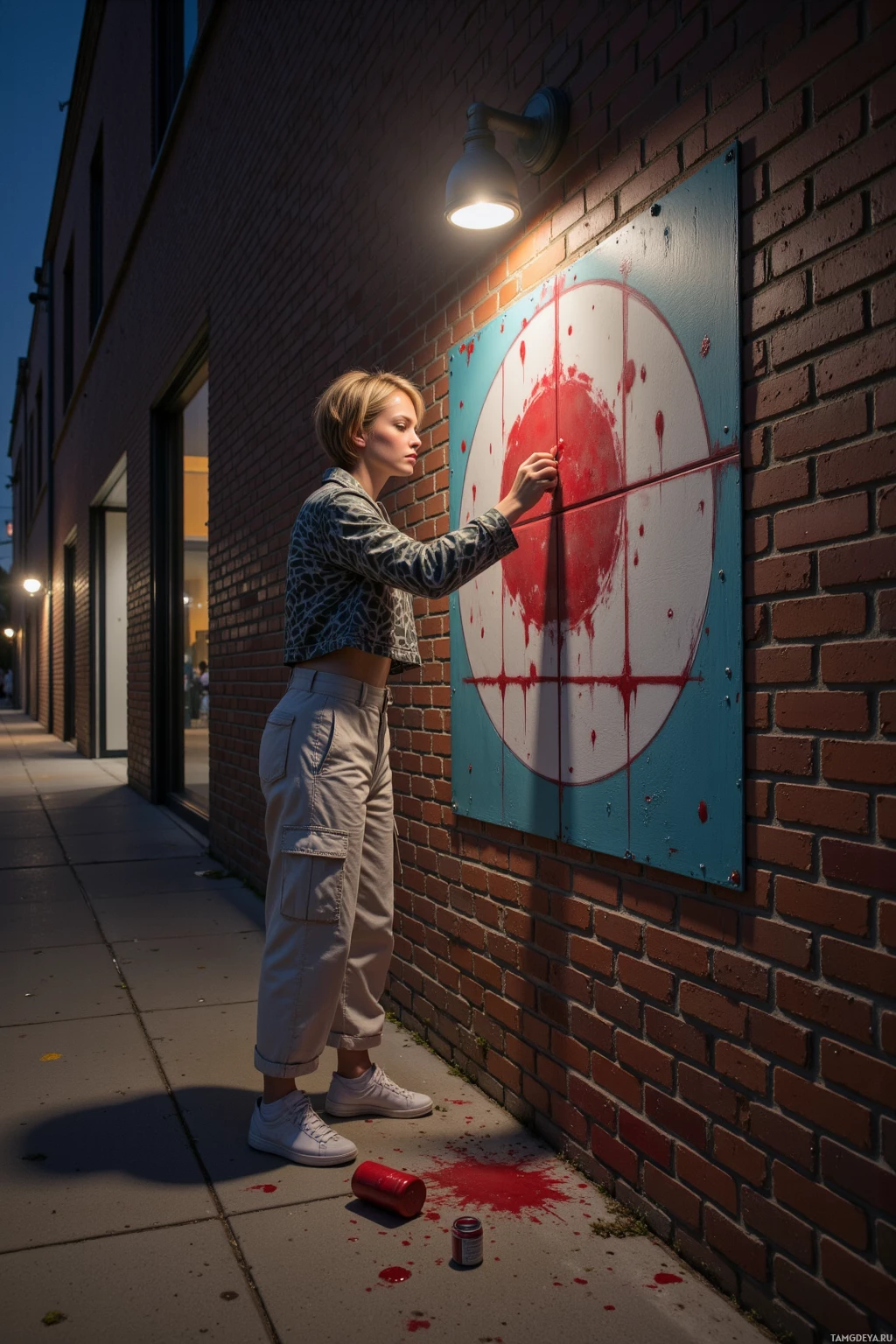 Realistic high quality photo. At midnight, a 24‑year‑old woman with short light brown hair and bright blue eyes, wearing a cropped patterned jacket, loose pale cargo pants, and high‑top sneakers, stands beside a museum entrance with a straight façade, flickering streetlamp casting shadows on a brick wall as she applies a stencil grid with spray paint while an empty red paint bottle rests beside her.
