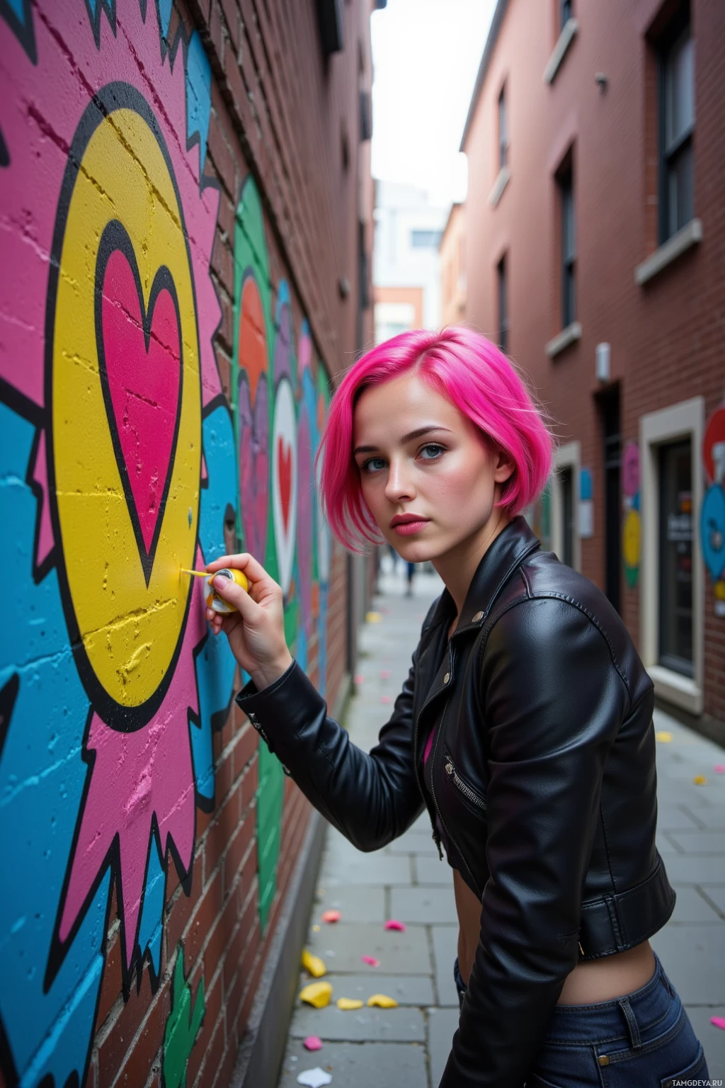 Realistic high quality photo. A 30‑year‑old woman with short neon pink hair, blue eyes, pale skin, wearing a worn leather jacket over a simple t‑shirt and rugged combat boots, confidently spray‑painting a brick wall in a narrow alley with bright neon colors and then affixing a tiny flag with a heart emoji beside it, evening light filtering through the street.