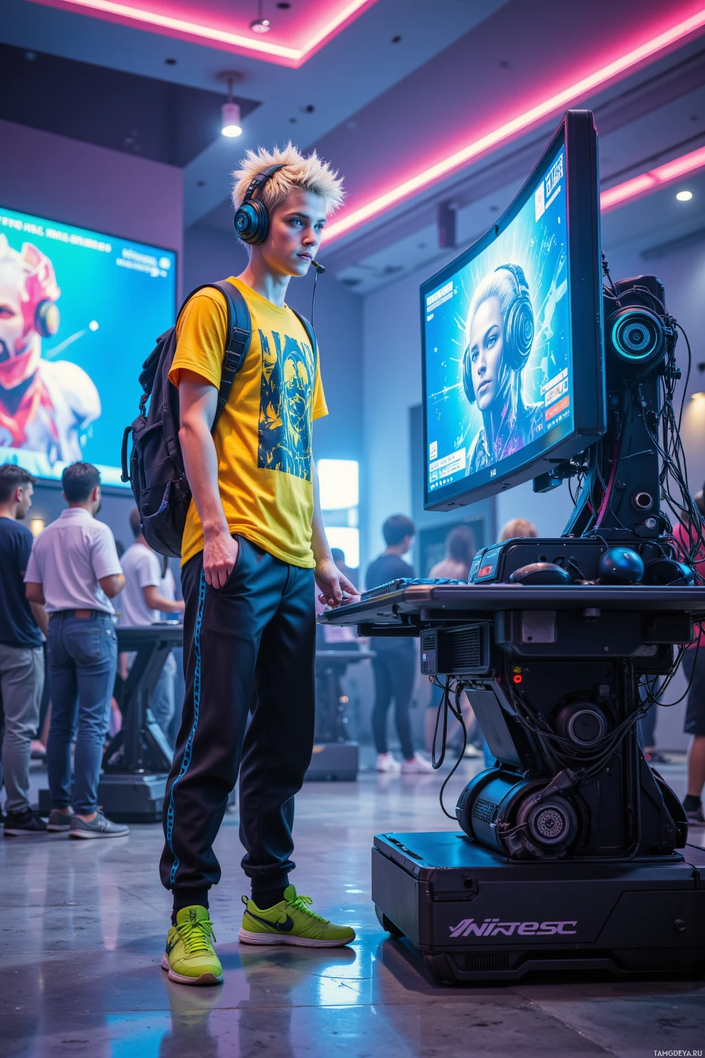Молодой человек стоит в зоне для гейминга, на нем наушники и рюкзак, на мониторе в фоне - игра.
