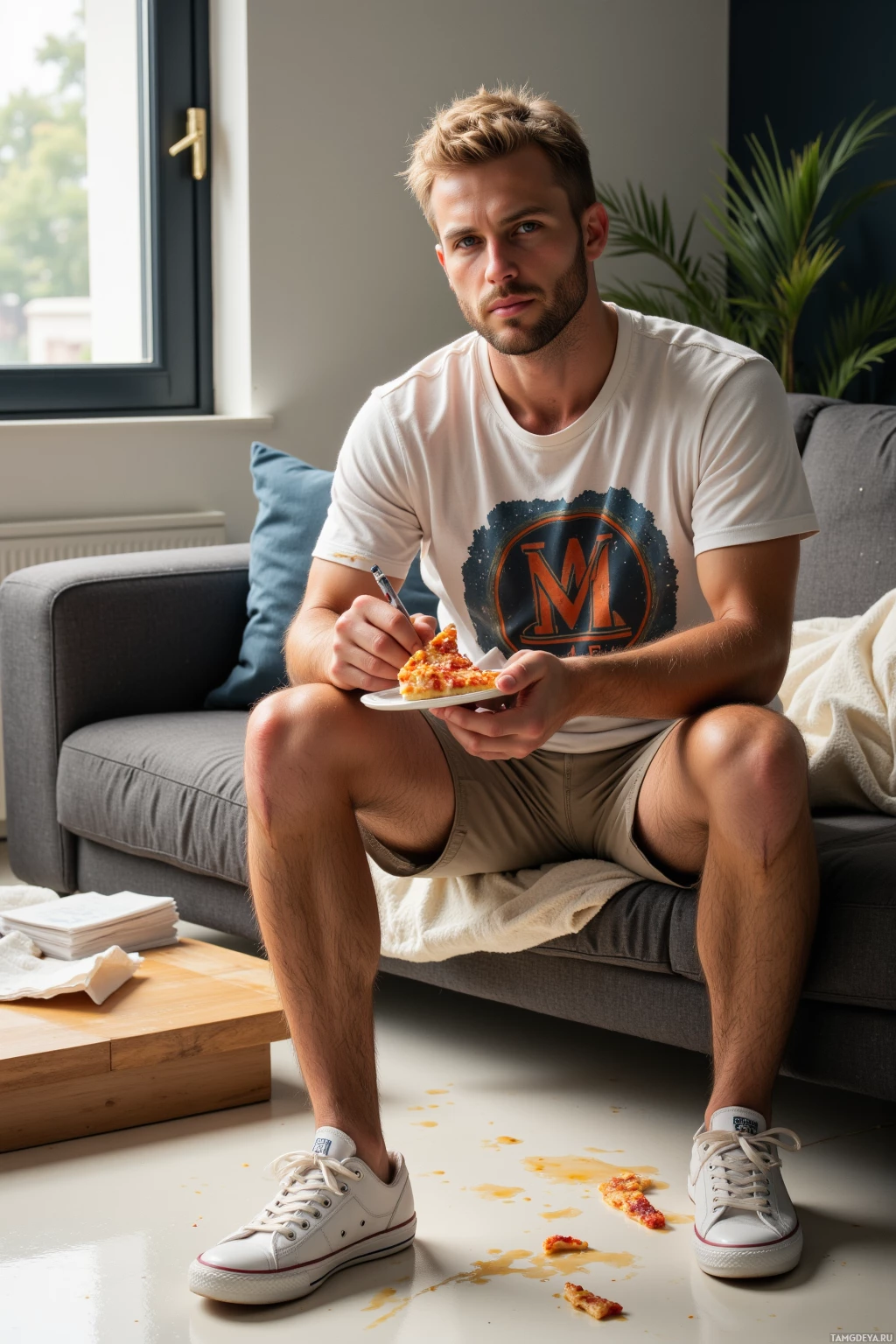 Realistic high quality photo. Man, 28, short light blonde hair, bright blue eyes, wearing a graphic t‑shirt and sneakers, sits on a modern living room sofa, a pizza slice on the floor, a napkin fluttering above a coffee table as he sketches grease‑marked lines, relaxed and playful.