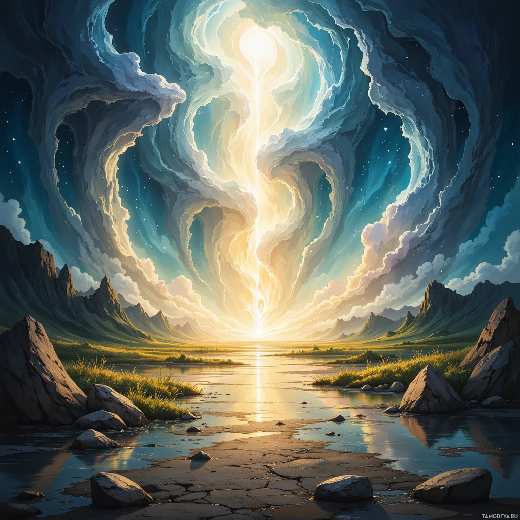 Безмятежный пейзаж с сияющим небесным светом над тихой рекой и вдалеке виднеющимися горами.