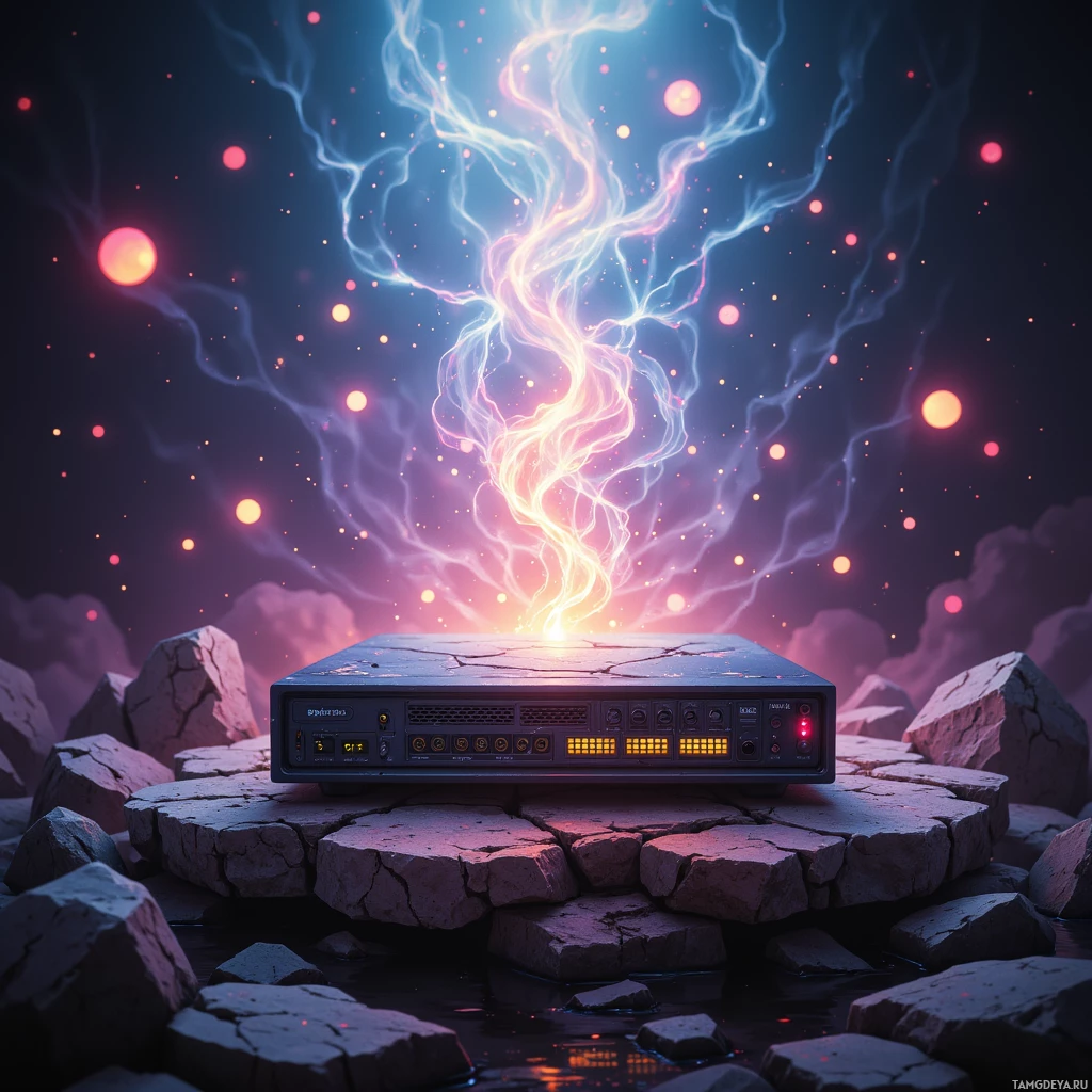 Среди каменистой местности, под звездным небом, сияет футуристическое устройство, излучающее электрическую энергию.