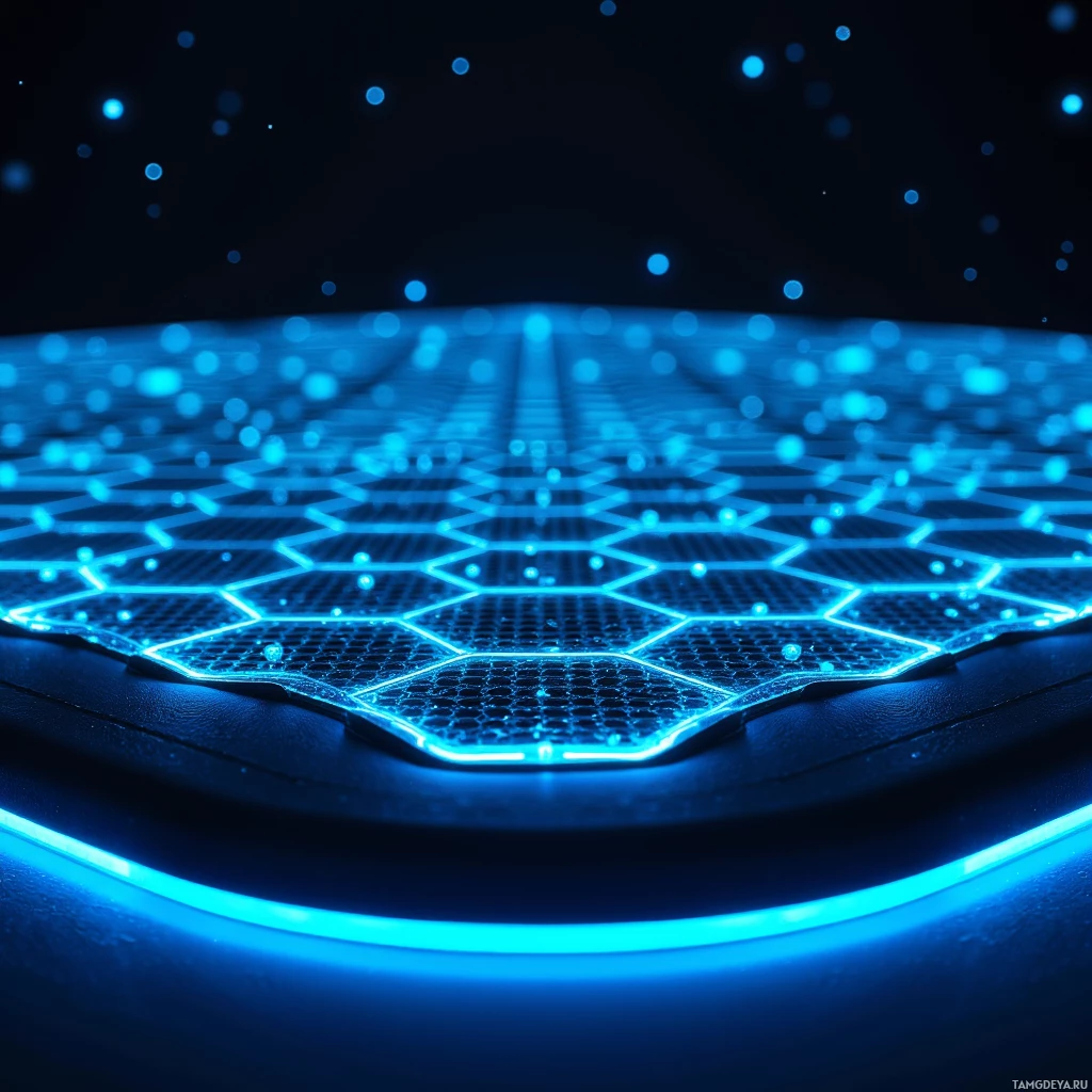 Футуристический синий, светящийся шестиугольный узор на темном фоне.