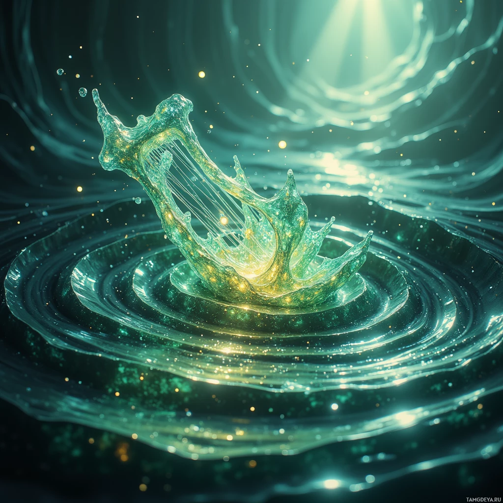 Яркая вспышка зеленой жидкости с сияющими частицами и лучами света на заднем плане.
