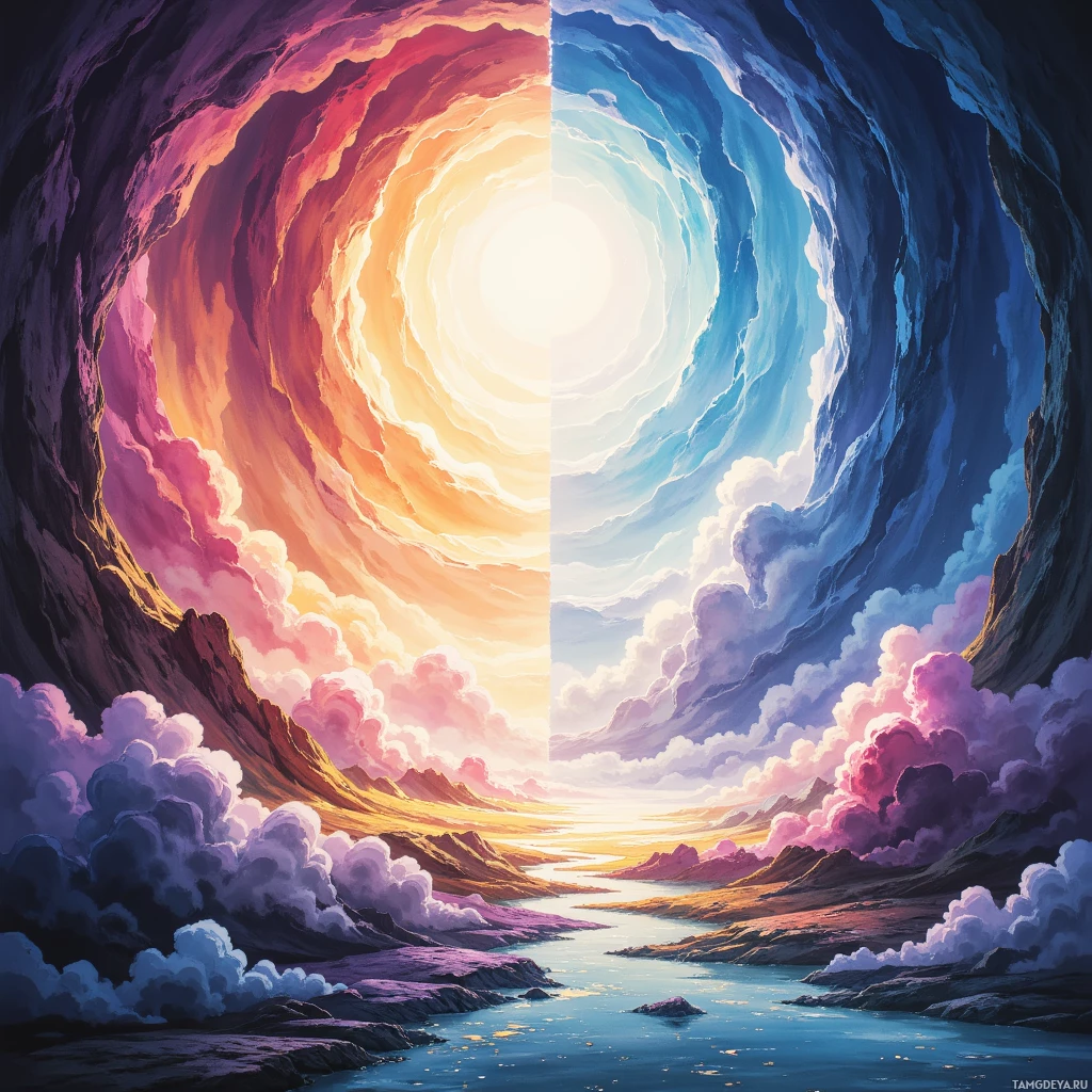 Яркий, сюрреалистичный пейзаж с вихрем красок и ярким светом в центре.