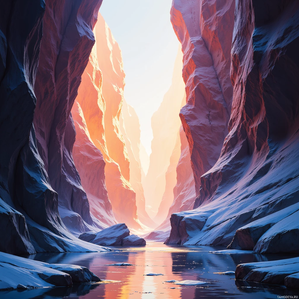 Безмятежный каньон с возвышающимися красными скалами и спокойной гладью воды, отражающей небо.