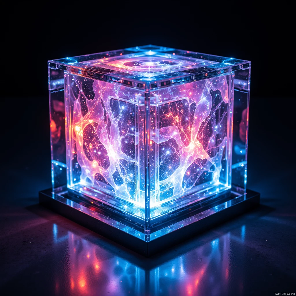 Светящийся, прозрачный куб с замысловатыми, красочными узорами внутри на темном фоне.