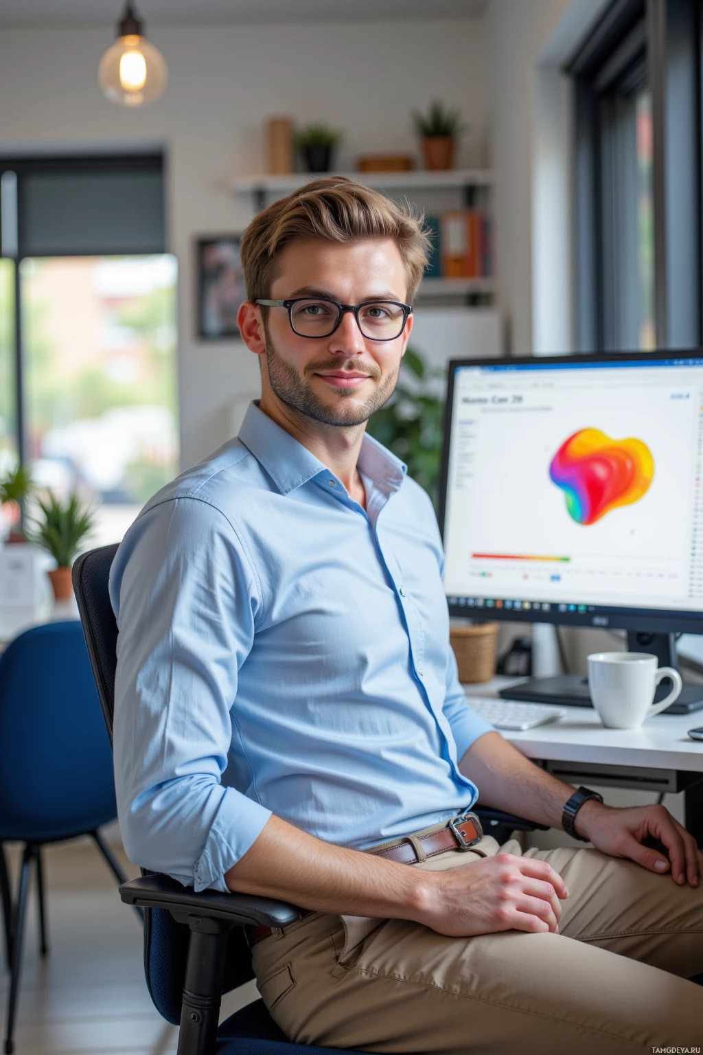 Мужчина в светлой голубой рубашке сидит за столом в современном офисе и улыбается в камеру.