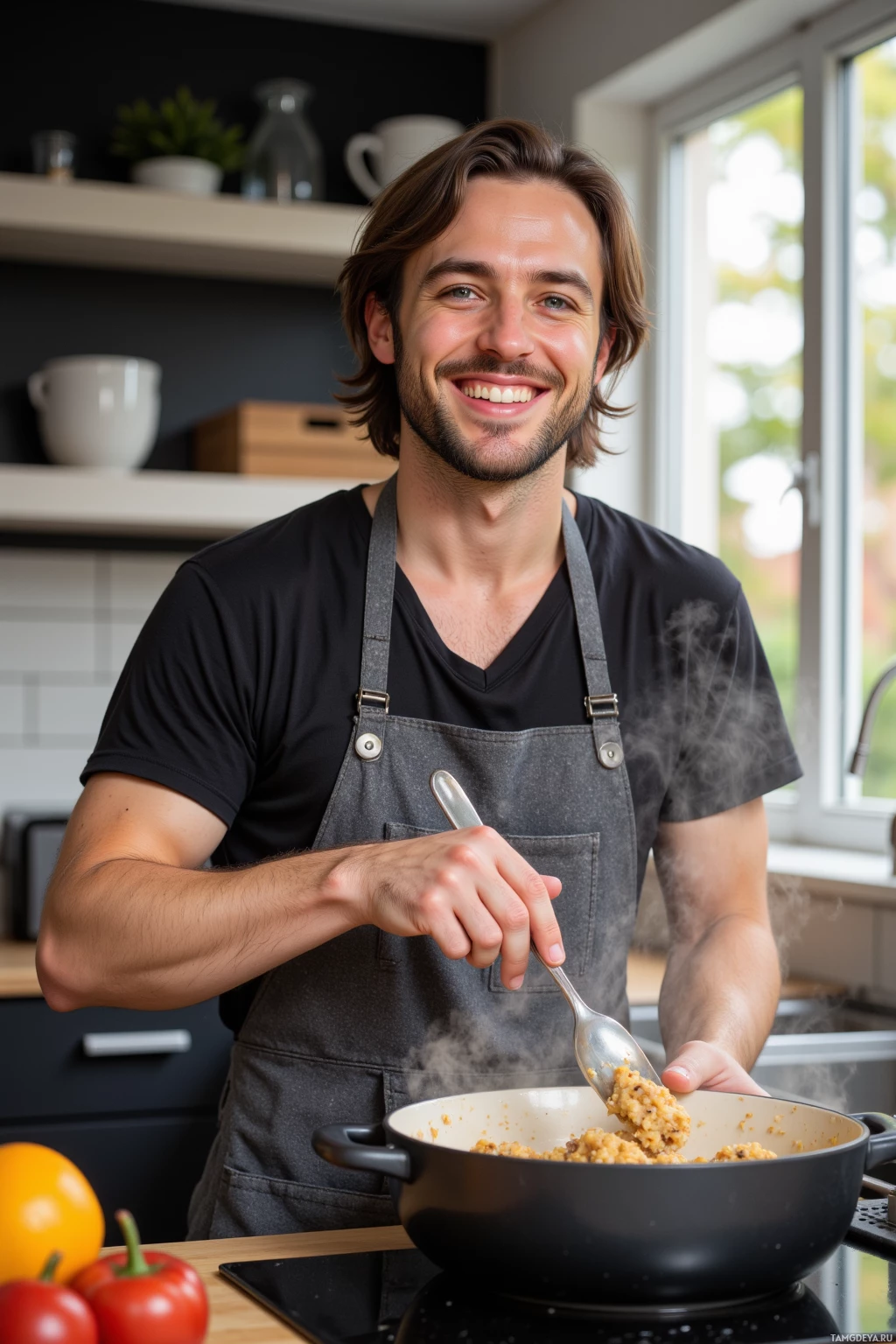 Мужчина улыбается, готовя еду на кухне и держа ложку над кипящей кастрюлей.