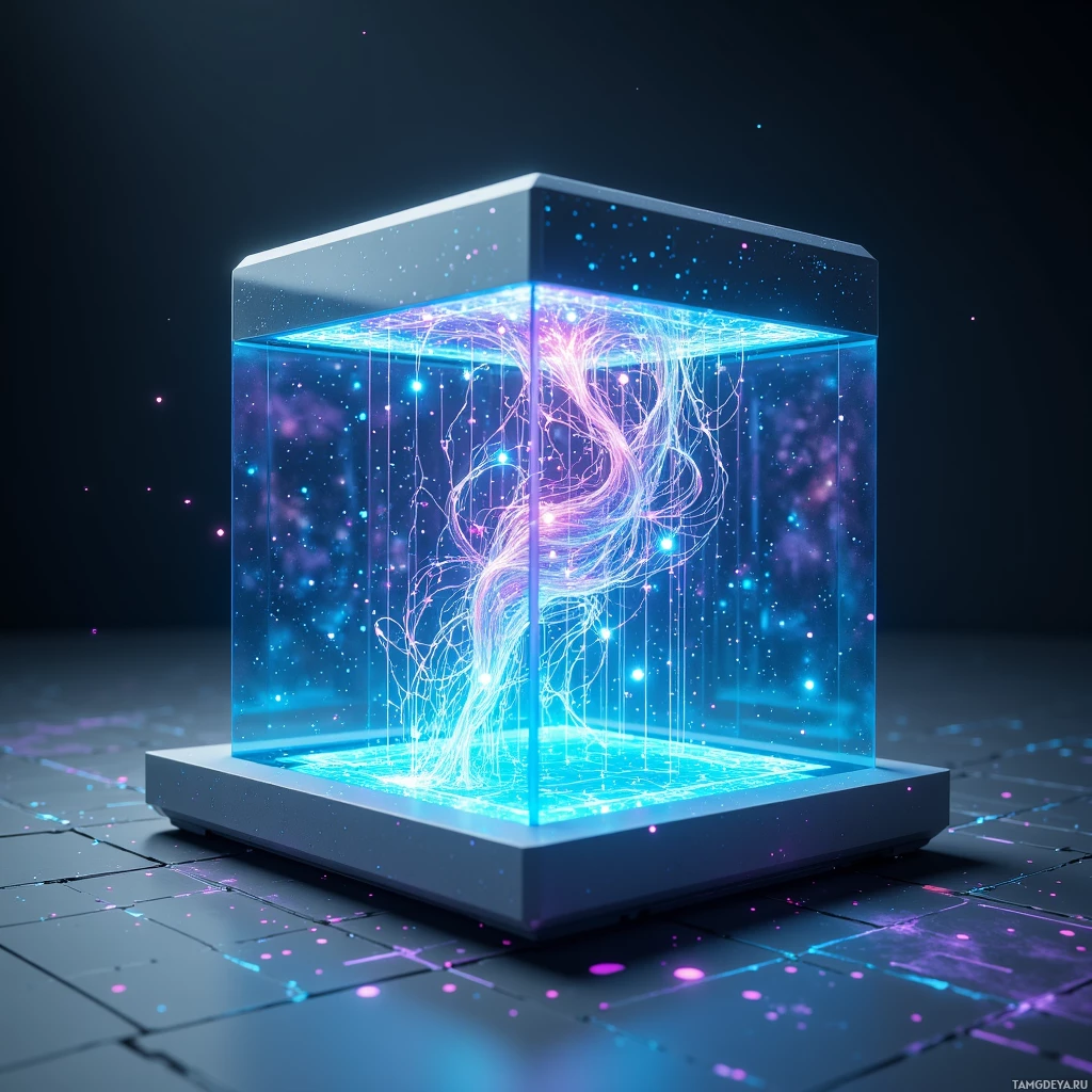 Светящийся футуристический куб со сложными, неоновыми узорами внутри, на фоне тёмной, сетчатой структуры.