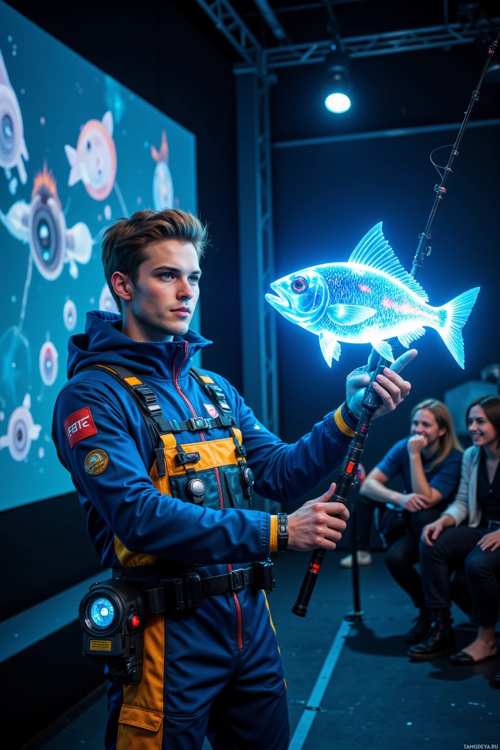 Человек в футуристическом костюме держит светящийся объект в форме рыбы в полумраке, перед публикой.