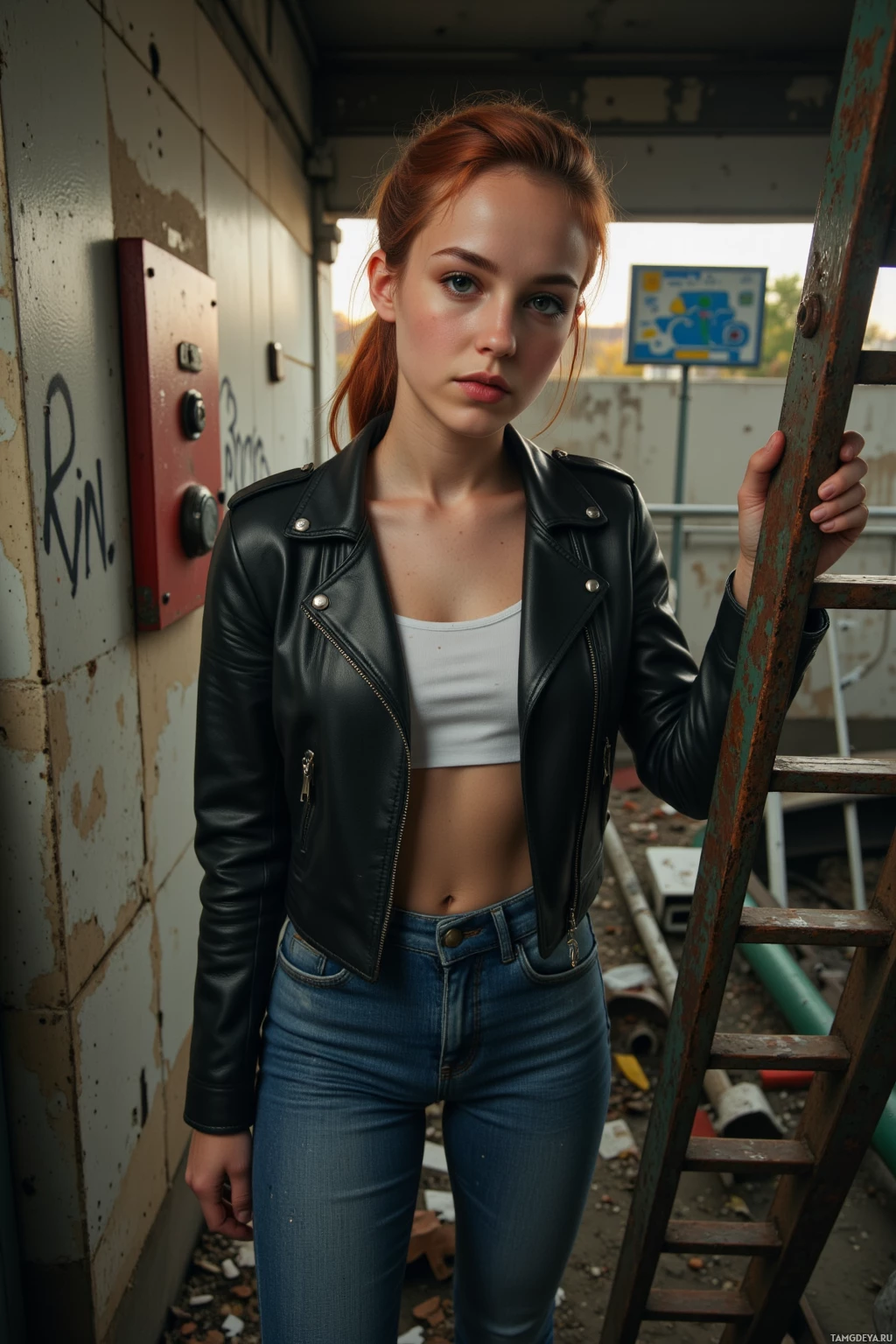 Realistic high quality photo. A fearless young woman with fiery red ponytail, green eyes, porcelain skin, wearing a black leather jacket over a white tank top and high‑waisted jeans, climbing a rusted ladder in a derelict metro station at dusk, concrete walls, faded street art roadmap, and an old signal box in view, backpack slung over one shoulder.