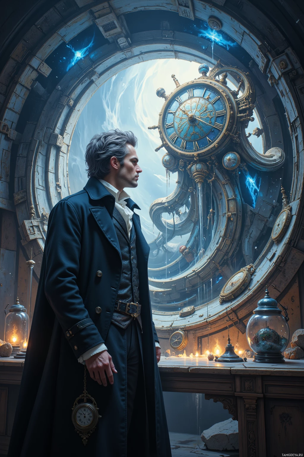 Realistic high quality photo. Tall 38‑year‑old male with salt‑and‑pepper hair and piercing blue eyes, wearing a Victorian coat with a pocket watch chain, standing in a dimly lit quantum laboratory surrounded by swirling cosmic vortex, observing a colossal mechanical clock unravel in chaotic motion.