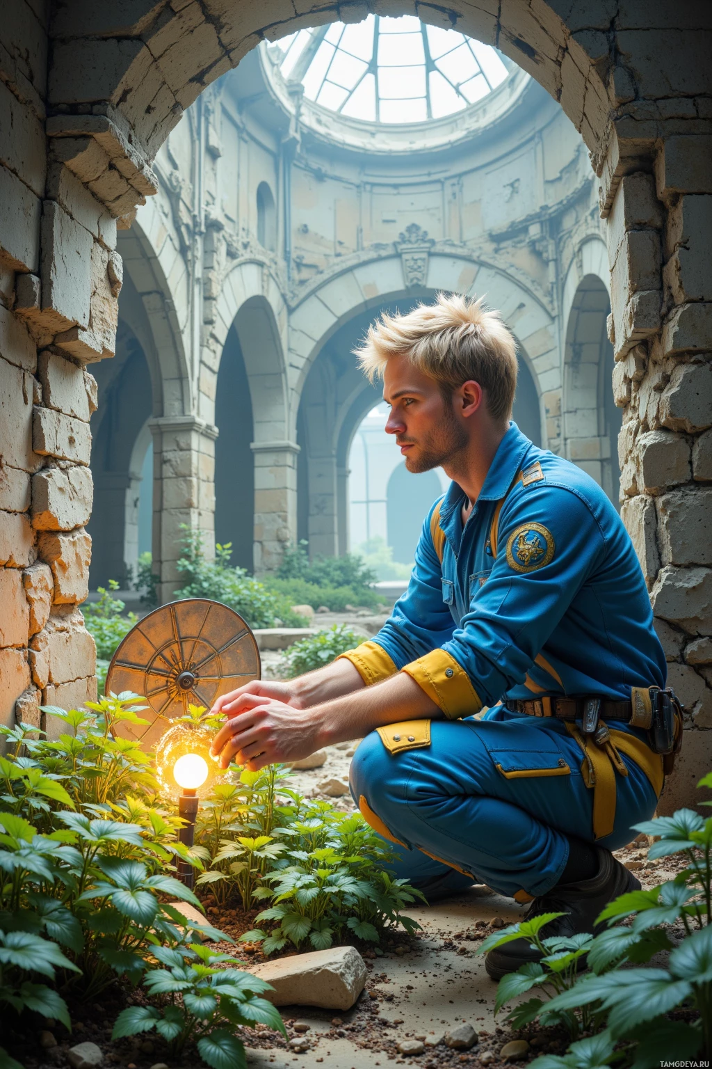 Realistic high quality photo. Man, 30, short messy blond hair, bright blue eyes, sun‑kissed skin, wearing a retro blue jumpsuit with yellow accents and a tool belt, patching a makeshift greenhouse inside a collapsed tower, watching seedlings sprout through cracked concrete while a salvaged circuit board glows with electric light beside a broken comms dish turned beacon.