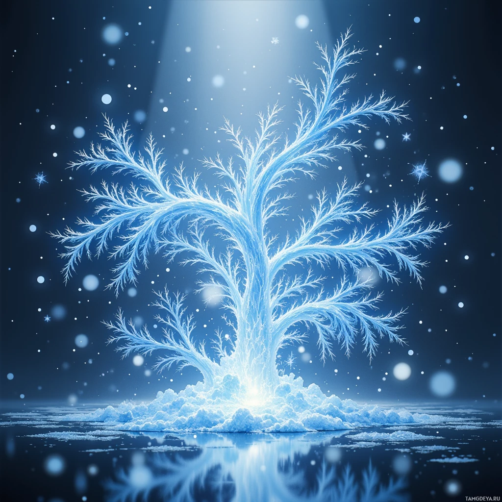 Сияющее, будто ледяное, дерево с изящными ветвями возвышается на фоне темного, усыпанного звездами неба.