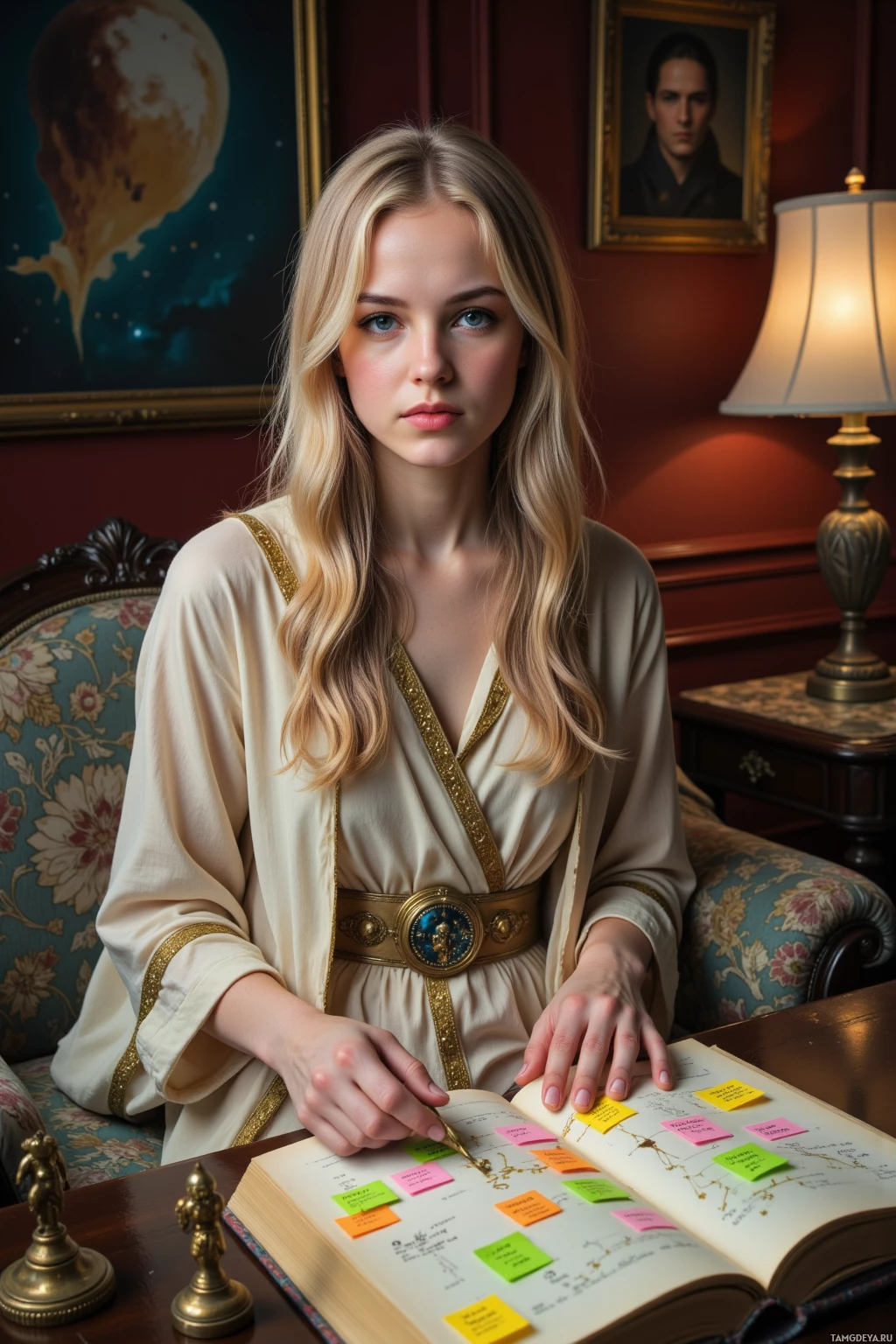 Женщина в бежевом халате с золотой отделкой сидит за столом, держа в руке перо над раскрытой книгой, исписанной разноцветными стикерами.
