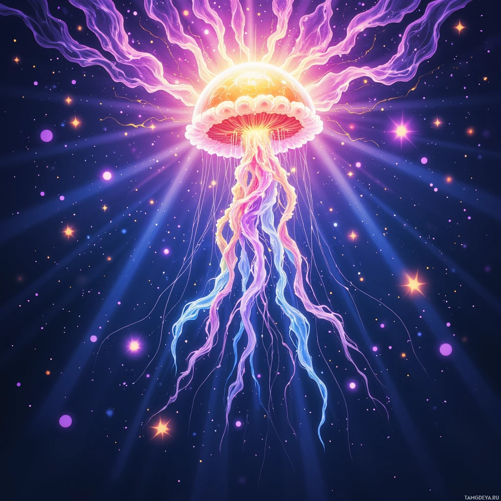 Светящийся медузообразный организм с яркими щупальцами и сияющими лучами на фоне звездного ночного неба.