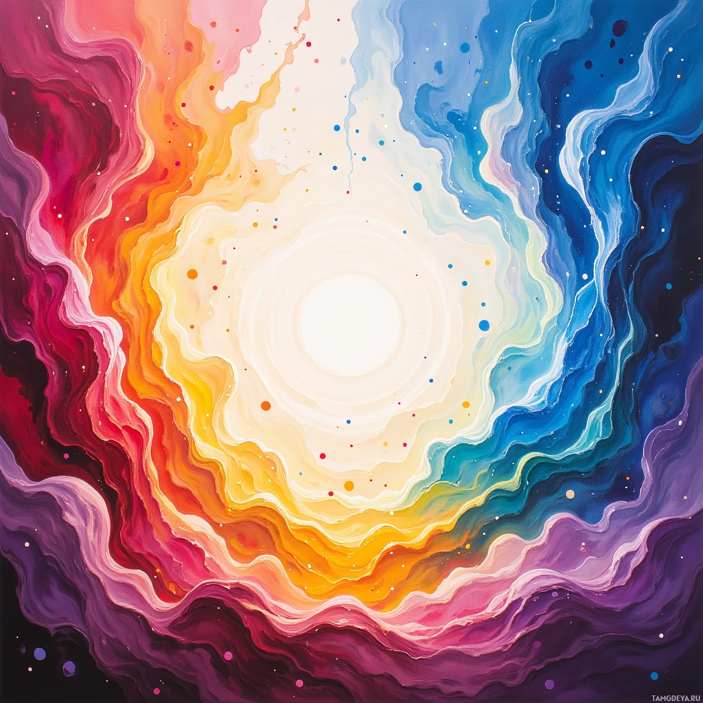 Яркая абстрактная картина с вихрящимися красками и центральным белым светом.