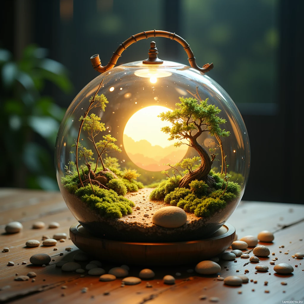 Стеклянный террариум с миниатюрным ландшафтом внутри: деревом, мхом и камнями, расположенный на деревянной поверхности.