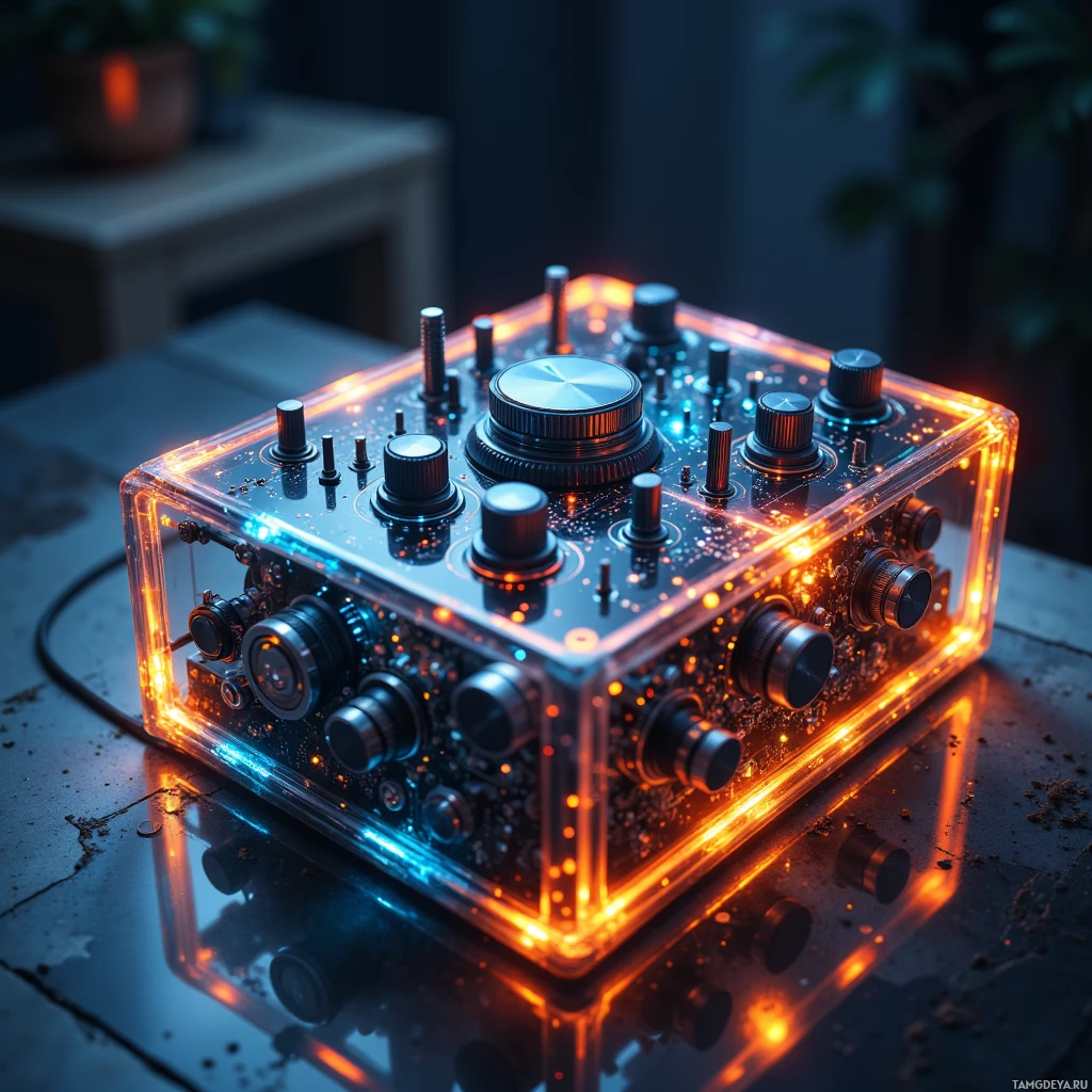 На тёмной поверхности лежит светящееся, полупрозрачное электронное устройство с множеством регуляторов и огоньков.
