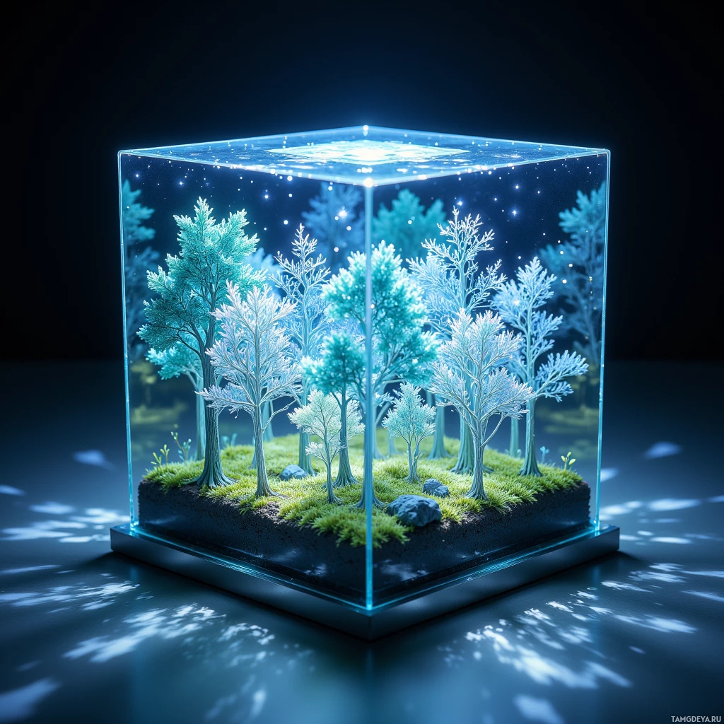 Стеклянный куб заключает в себе миниатюрную лесную сцену с сияющими голубыми деревьями и звездным ночным небом.