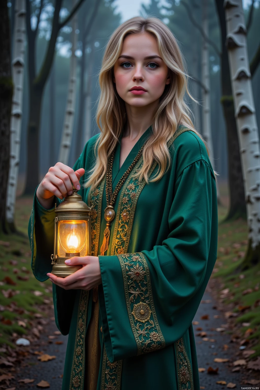 Realistic high quality photo. A 29‑year‑old woman with iridescent blonde loose waves, emerald eyes, porcelain skin with a soft golden glow, wearing intricately patterned ceremonial robes, walking along a moonlit birch forest path while holding a lantern that illuminates her path, her stance gentle and protective.