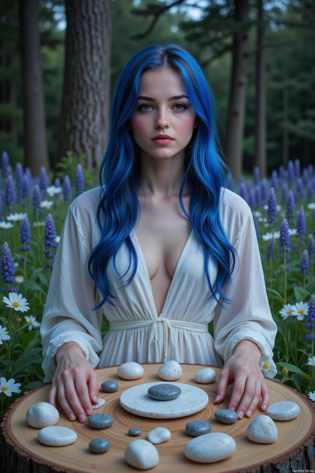Женщина с синими волосами сидит на лесной поляне, окружённая цветами, положив руки на деревянную поверхность, на которой лежат камни.