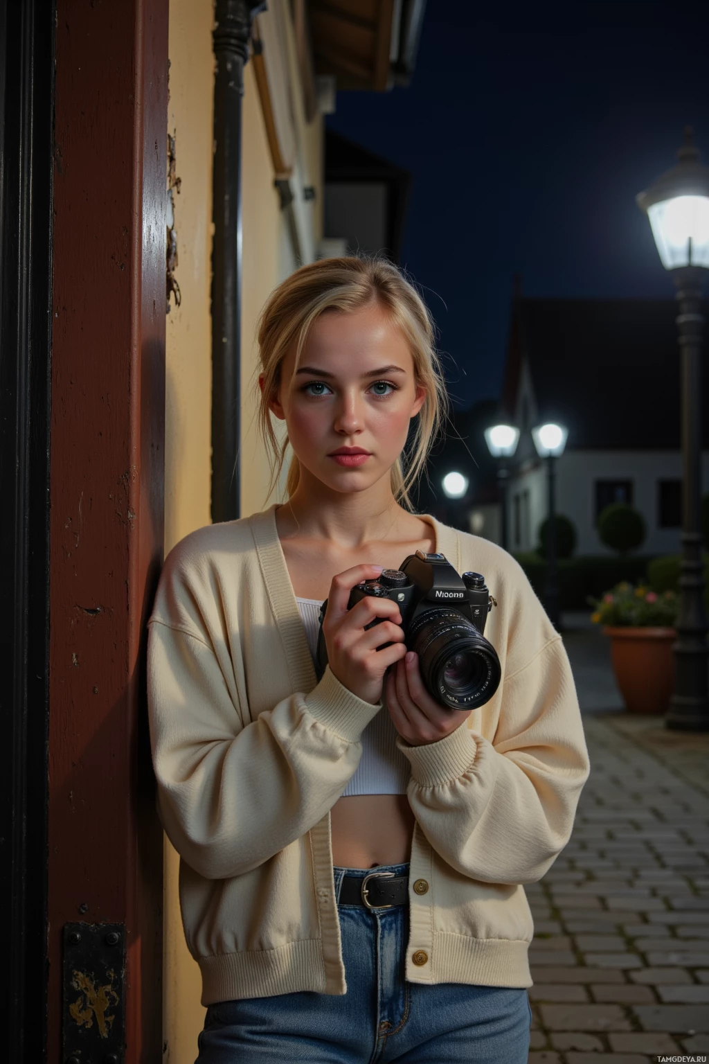 Молодая женщина стоит ночью на улице, держа в руках фотоаппарат и прислонившись к зданию.